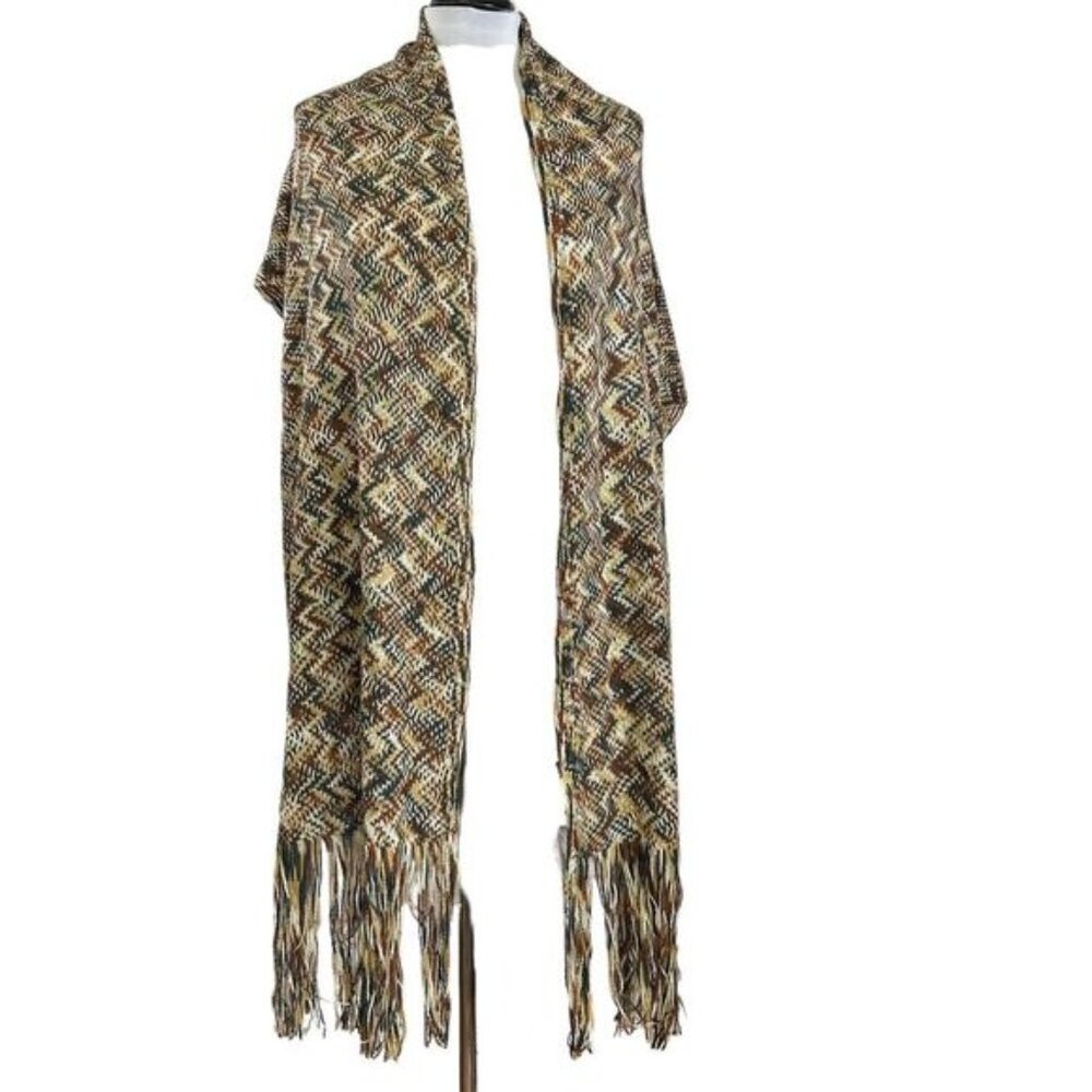 Cejon Knit Scarf 37" Long x 18" Wide‎ Brown Green Gold Tan Chevron Weave